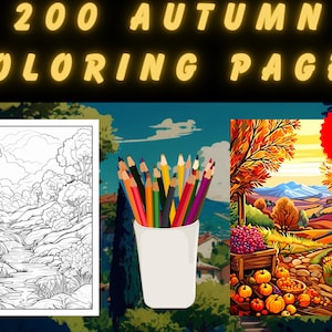200 hermosas páginas para colorear de otoño, Otoño, Descarga digital, Bosque, Imprimible, A4 + Carta de EE. UU., Archivo PDF, página para colorear de naturaleza, paisaje