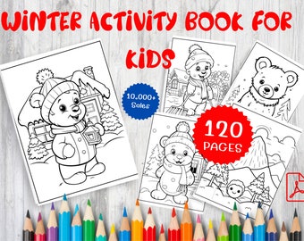 May include: A black and white coloring book for kids featuring winter scenes with bears and snowmen. The book has 120 pages and is available for download as a PDF.