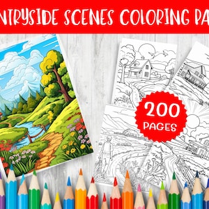 200 Countryside Scenes Coloring Pages Relaxing Rural Landscapes for Adult & Kids Art Therapy, Printable Illustrations - Digital Download