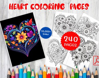 Op de afbeelding: Een set van 240 kleurplaten met ingewikkelde bloemharte-ontwerpen. De pagina's zijn zwart-wit en klaar om in te kleuren. De omslag afbeelding toont een kleurrijk hart met bloemen en spiralen.