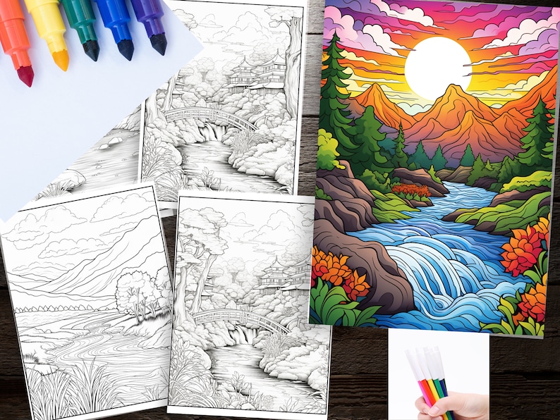 200 Landscape Coloring Pages Collection for Adults and Childrens, Downloadable Coloring 