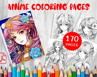170 Anime Coloring Pages, Detailed Designs (Printable Digital Download)