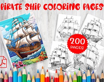 May include: A colorful illustration of a pirate ship with sails, a wooden hull, and a cannon. The ship is surrounded by water and tropical plants. The image is part of a set of 200 coloring pages.