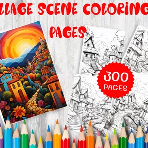 300 Village Scene Coloring Pages | Adult Coloring Book (PDF Pattern) - Etsy