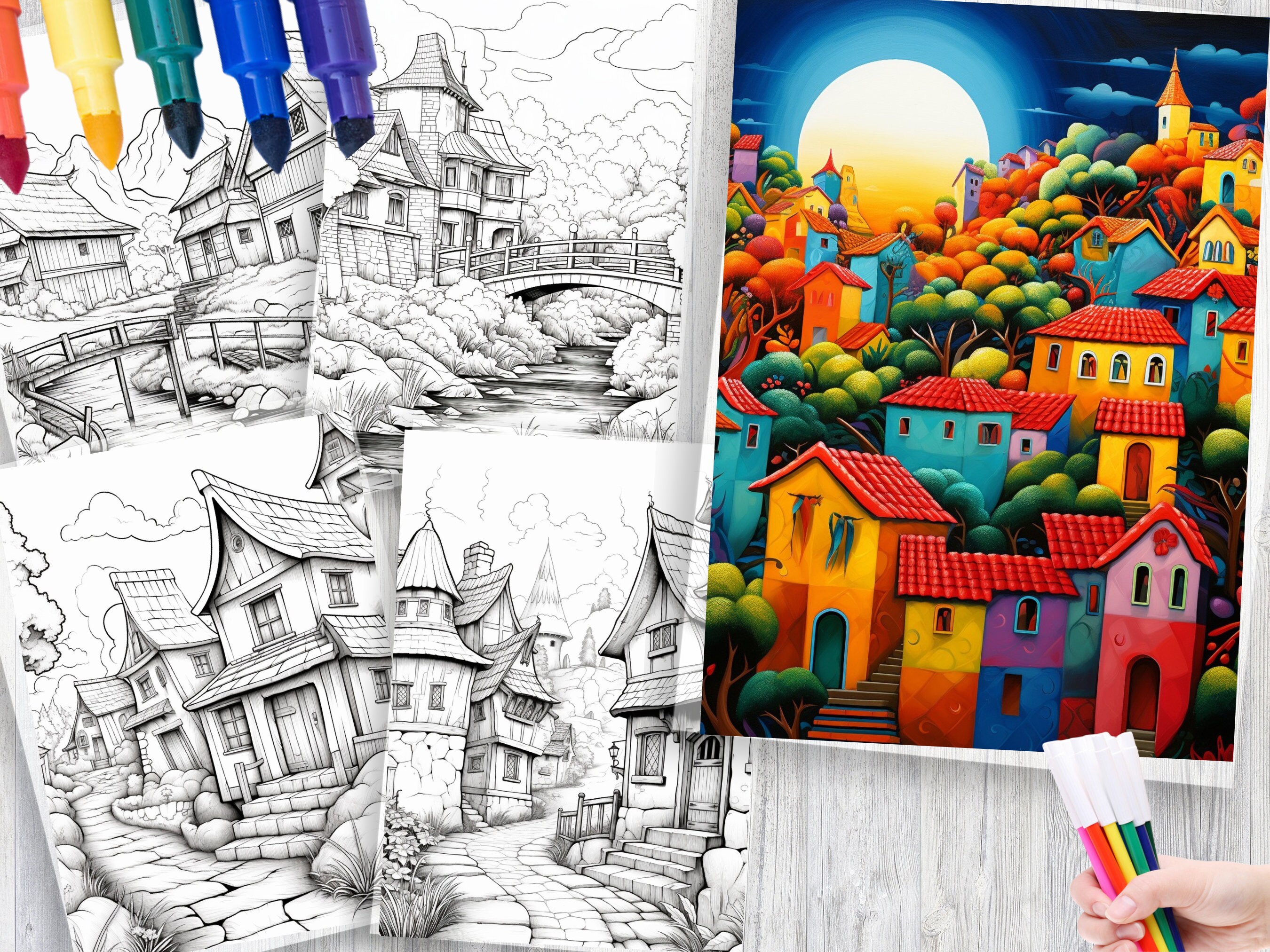 300 Village Scene Coloring Pages | Adult Coloring Book (PDF Pattern) - Etsy