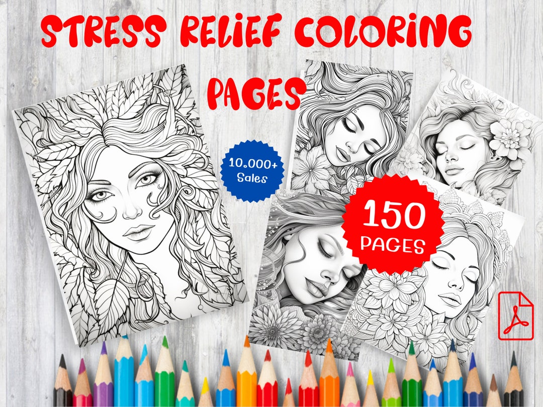 150 Stress Relief Coloring Pages for Adults + Kids , Digital Download ...