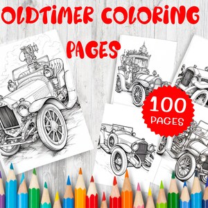 Pode incluir: Um conjunto de 100 páginas para colorir com carros antigos. As páginas são em preto e branco e mostram ilustrações detalhadas de automóveis clássicos. A imagem também inclui um conjunto de lápis de cor.