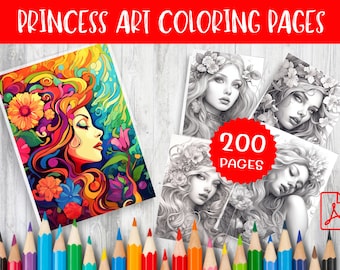 200 Princess Coloring Pages - Fairy Tale Art Designs (Digital Download)
