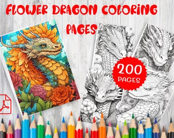 Dibujos de dragones florales para colorear / 200 intrincados diseños de arte fantástico (patrón en PDF)