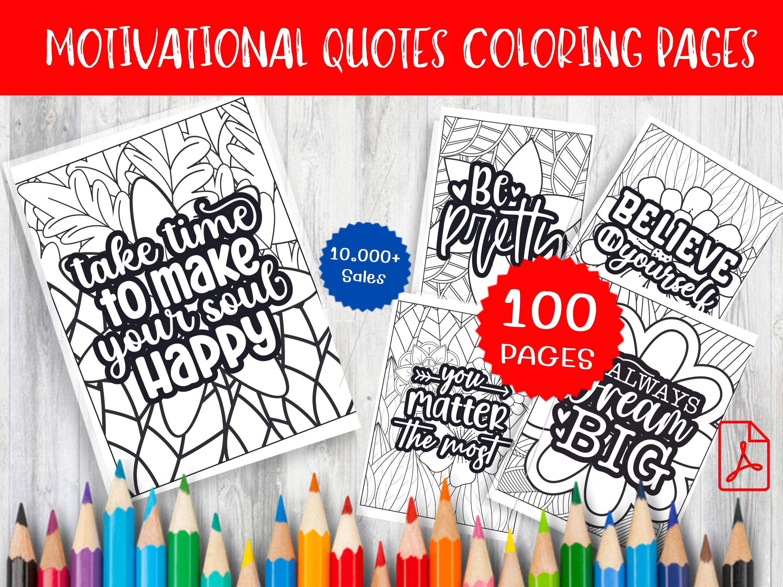 100 Motivational Quotes Coloring Page For Adult - Inspirational Adult Coloring Sheet - Positive Affirmations Art, Printable Instant Download