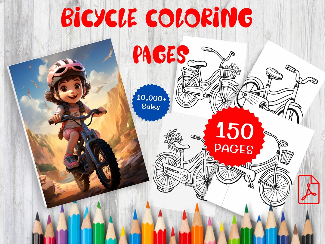 150 Bicycle Coloring Book Pages for Kids Instant Download, PDF ...