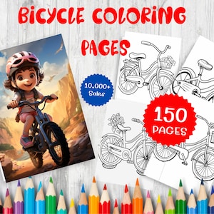 150 Bicycle Coloring Book Pages For Kids  Instant Download, PDF Printable Art
