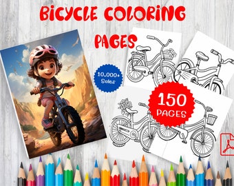 150 Bicycle Coloring Book Pages For Kids  Instant Download, PDF Printable Art