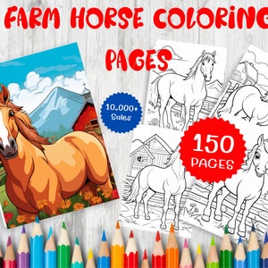 150 Printable Farm Horses Coloring Book for kids and Adults -   Horse Coloring Bundle - Grayscale Coloring, Instant Download, PDF File