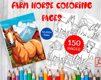 150 Farm Horse Coloring Pages - Grayscale Coloring Book (PDF File)