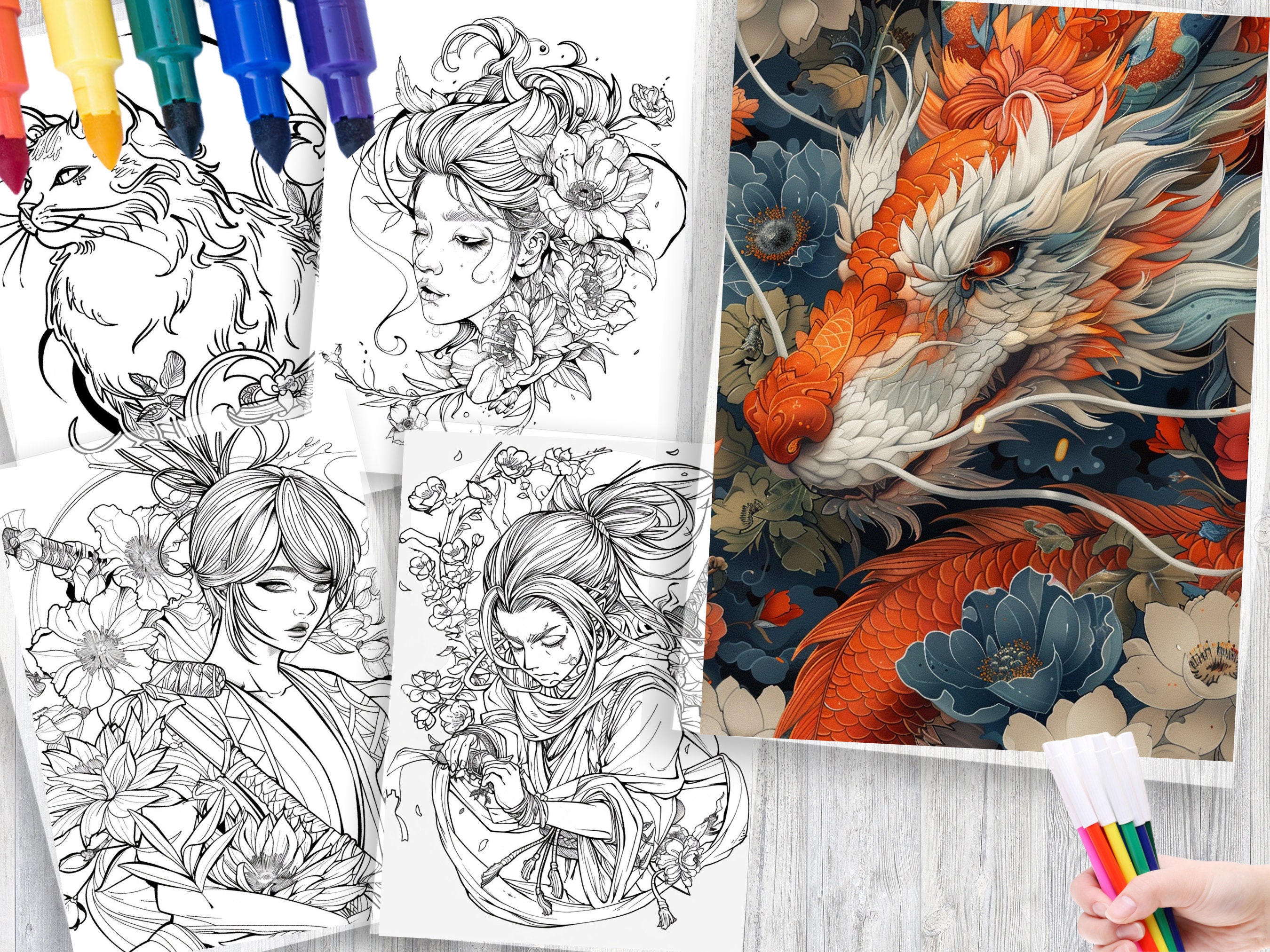 120 Japanese Tattoo Designs Coloring Book Traditional Irezumi Art for ...