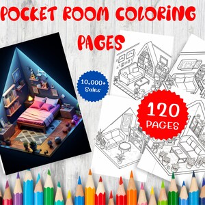 120 Pocket Room Coloring Book Adults for Kids - Instant Download - Grayscale Coloring Book - Printable PDF File - Bedroom - Room  Interior