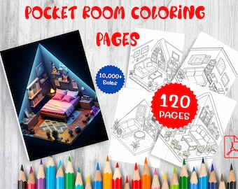 120 Pocket Room Coloring Book – Design d'interni in scala di grigi (PDF stampabile)