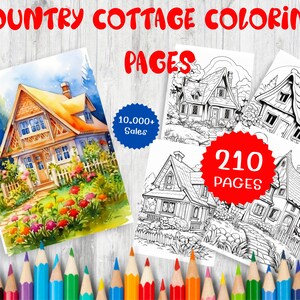 210  Printable Country Cottage Garden  Coloring Pages For Kids & Adults - Grayscale Instant download printable - Country Home Coloring Book