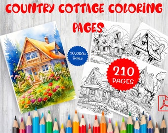 Country Cottage Garden Coloring Pages - 210 Grayscale Designs (PDF)