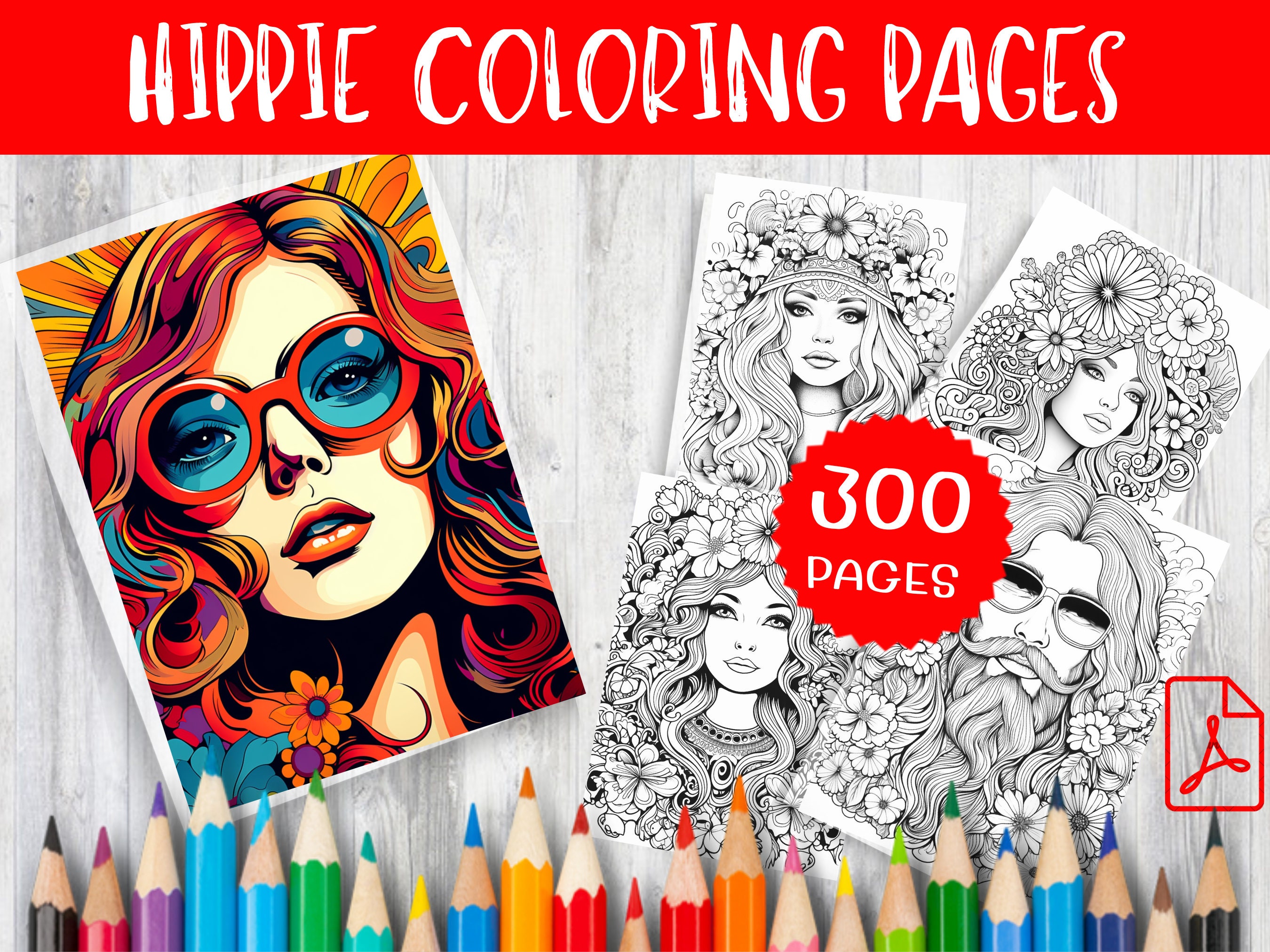 300 Hippie Coloring Pages – Bohemian Designs, Adult Coloring Book
