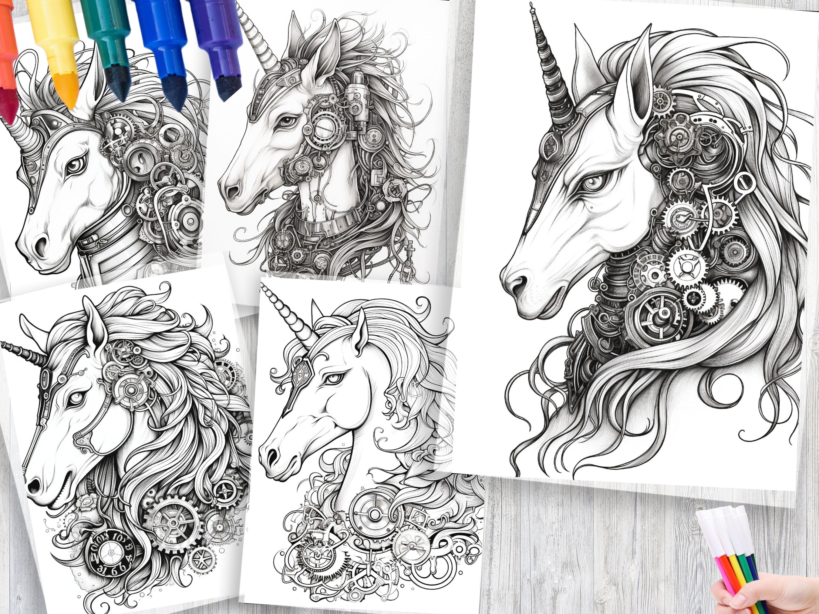 90 Steampunk Unicorn Coloring Pages – Fantasy Art Designs (PDF Pattern ...