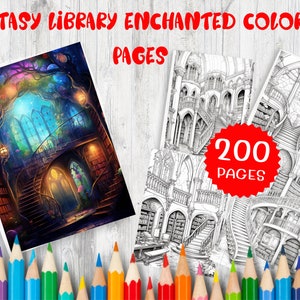 200 Fantasy Library Enchanted Coloring Pages, Magical Books, Fantasy Worlds, Printable Adult Coloring Book Art for Relaxation and Creativity