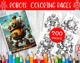 Könnte beinhalten: Ein Set mit 200 Malvorlagen für Roboter mit detaillierten Illustrationen von Robotern mit Zahnrädern, Rohren und anderen mechanischen Teilen. Die Seiten sind perfekt für Kinder und Erwachsene, die gerne malen und Roboter mögen.