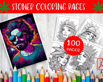 May include: A set of 100 coloring pages featuring a variety of designs, including a man with sunglasses and a cigarette, and women with floral headbands. The pages are black and white and ready to be colored.