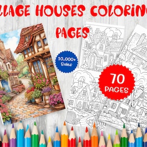 70  Cute Village Houses Coloring Pages for Adults And Kids, Grayscale Coloring Book, Printable PDF, Digital Download