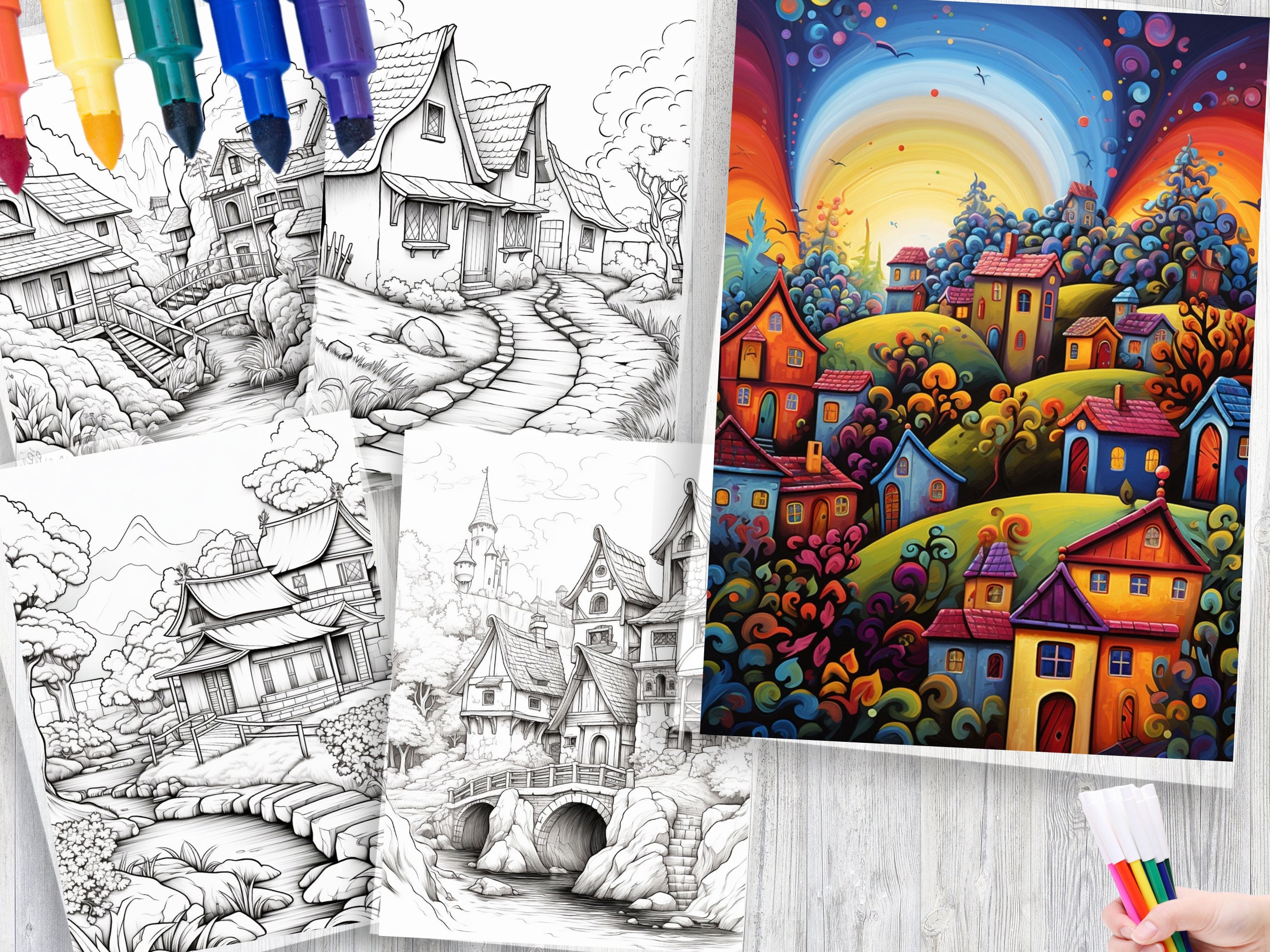 300 Village Scene Coloring Pages | Adult Coloring Book (PDF Pattern) - Etsy