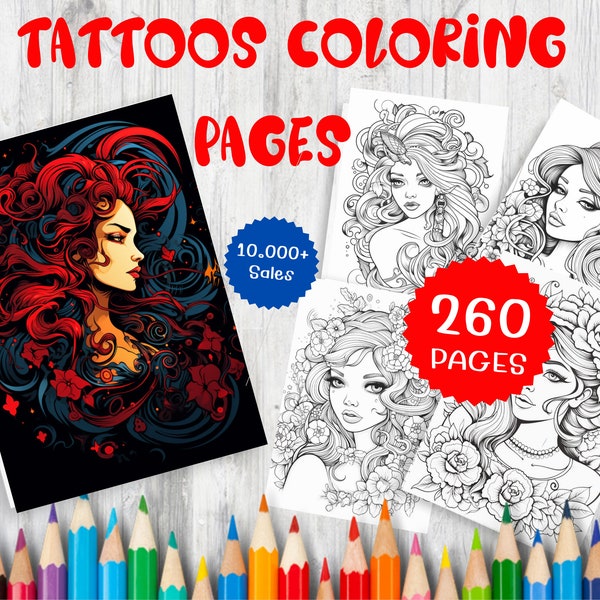 260 Printable Tattoos Coloring Pages for Kids and Adults , Grayscale Adult Coloring Book PDF, Printable Cute Tattoo Coloring Sheets