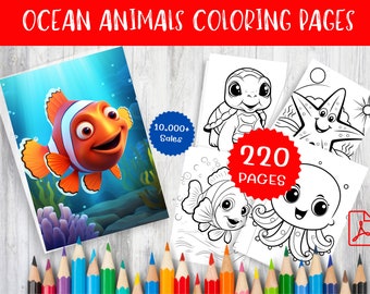 Dibujos para colorear de animales marinos - 220 diseños imprimibles de vida marina (descarga digital)