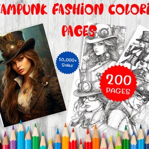 200 Steampunk Fashion Coloring Pages For Adults - Instant Download - Grayscale Printable PDF File
