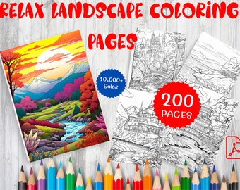 Puede incluir: Un conjunto de 200 páginas para colorear de paisajes con una variedad de escenas, incluyendo montañas, castillos y ríos. Las páginas están impresas en papel de alta calidad y son perfectas para adultos y niños por igual.  La imagen de portada muestra un paisaje colorido con un río que lo atraviesa.  El texto "Relax Landscape Coloring Pages" se muestra en la parte superior de la imagen.  El texto "200 Pages" se muestra en un círculo rojo en la esquina inferior derecha de la imagen.  El texto "10,000+ Sales" se muestra en un círculo azul en la esquina superior derecha de la imagen.