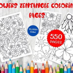 550 Flowers Zentange Coloring Pages - Printable  Floral Patterns - PDF Digital Download