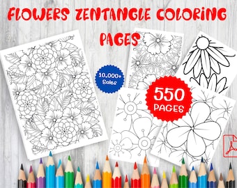 550 Flowers Zentange Coloring Pages - Printable  Floral Patterns - PDF Digital Download