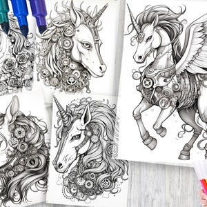 90 Steampunk Unicorn Coloring Pages – Fantasy Art Designs (PDF Pattern ...