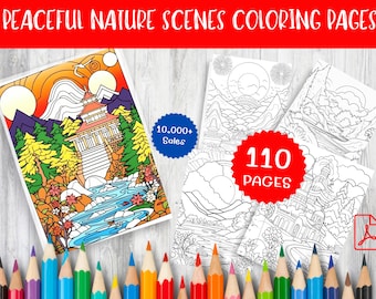 110 pagine da colorare sulla natura pacifica - Illustrazioni di paesaggi rilassanti (download digitale)