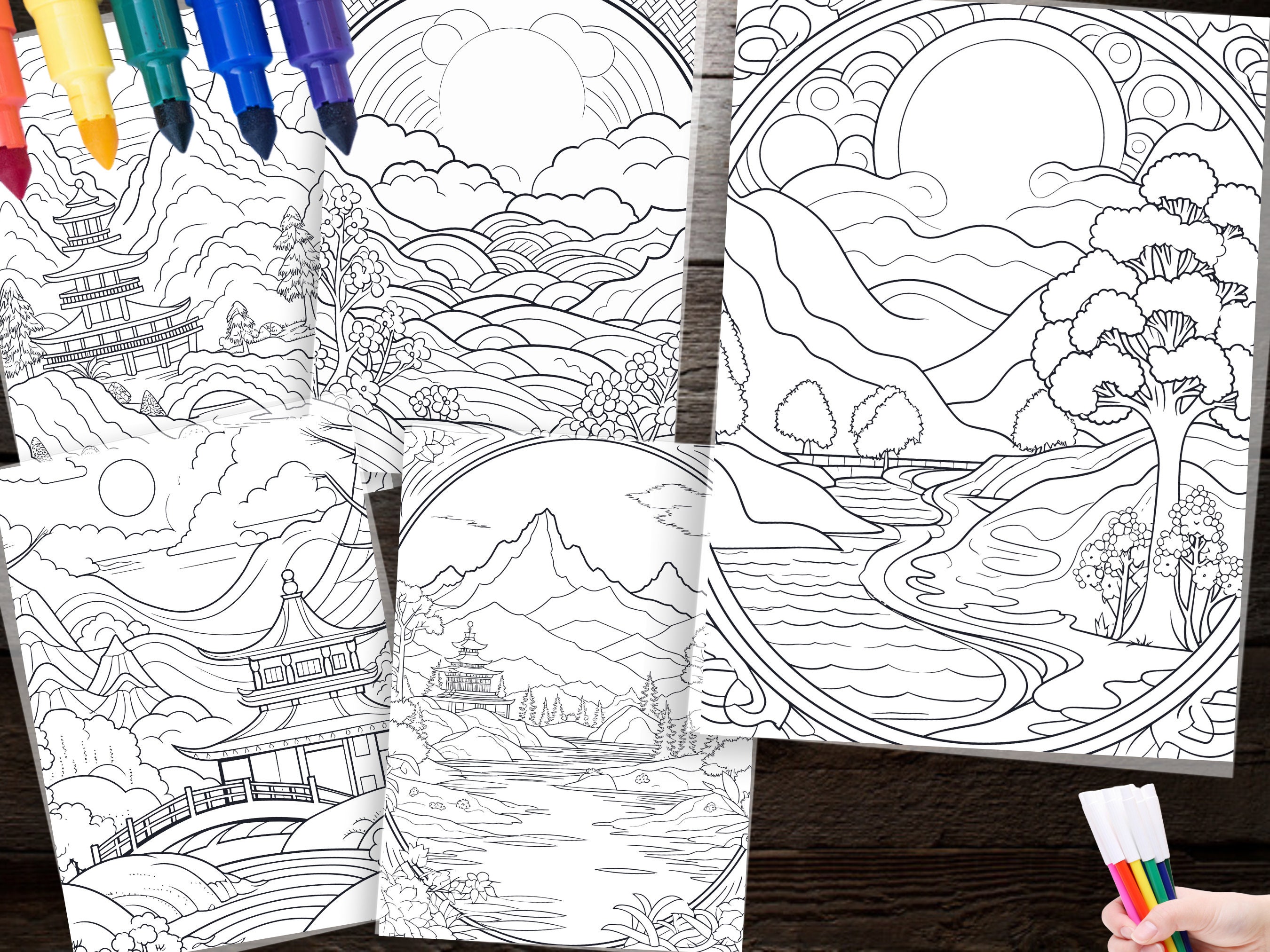 110 Peaceful Nature Coloring Page Relaxing Adult Coloring Sheet Printable Landscape Illustration ...