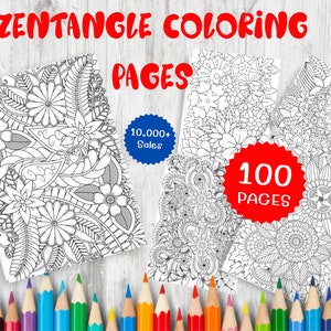 May include: A set of 100 printable Zentangle coloring pages featuring intricate floral designs. The pages are perfect for adults and children who enjoy creative activities. The image shows three sample pages with a variety of floral patterns.