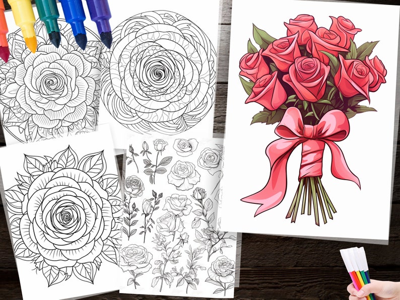 Rose Flower Coloring Pages – 40 Printable Floral Designs (digital ...
