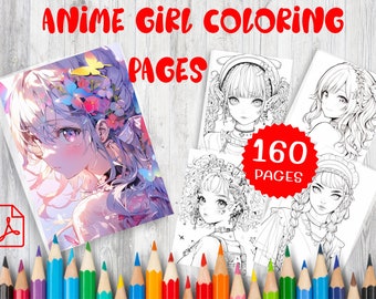 アニメの女の子のぬり絵160枚、リラックスできるアート（PDF）