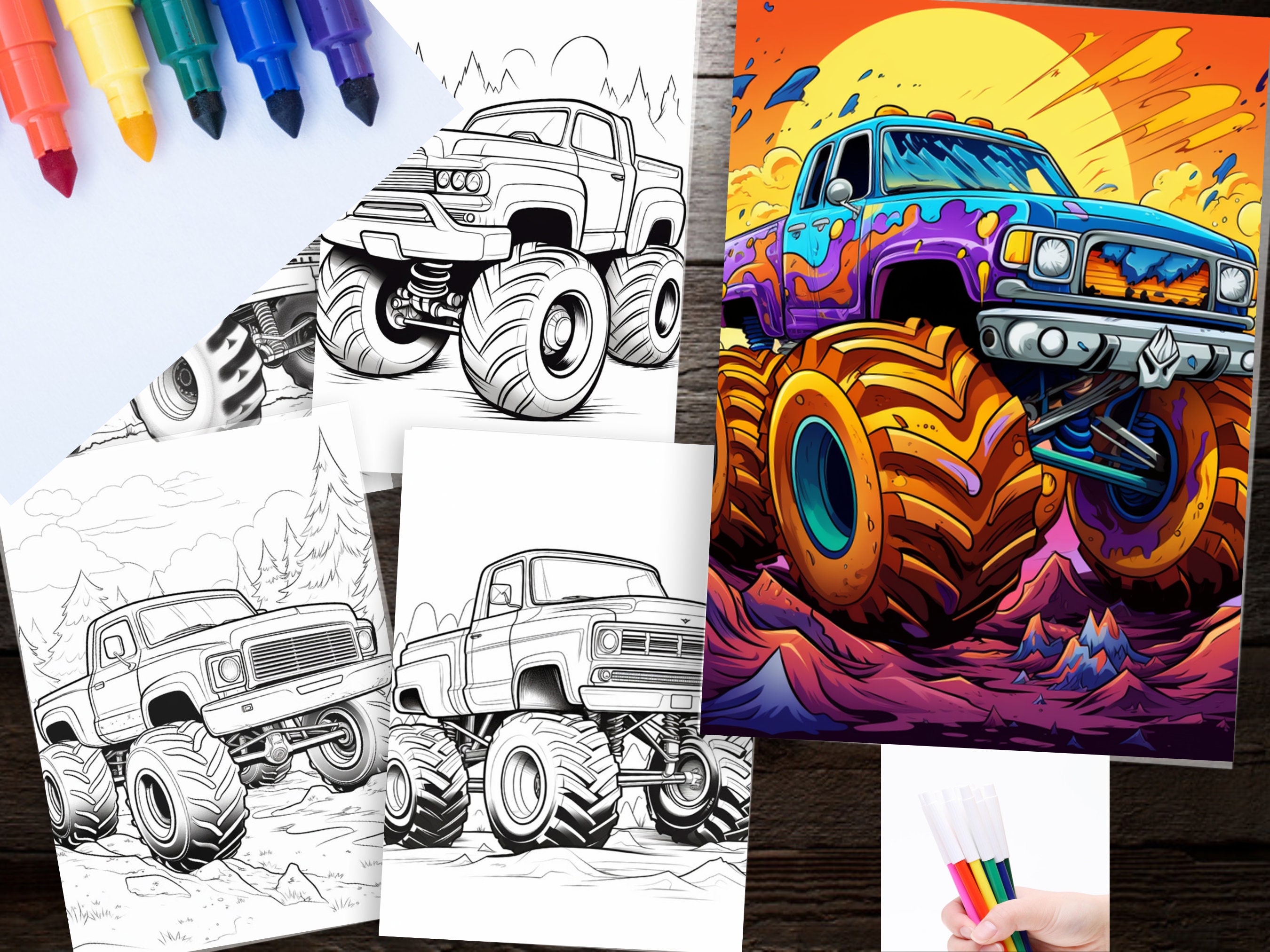 200 Monster Trucks Coloring Sheets, Children Sheets Activities for Kids Digital Download ...