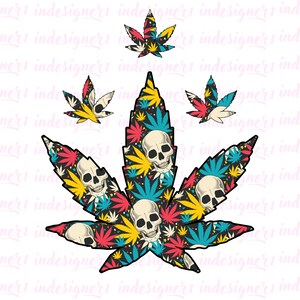 Op de afbeelding: Een zwart-witte illustratie van een marihuanablad met een schedelpatroon. Het blad is omringd door kleinere marihuanabladeren met een kleurrijk patroon.