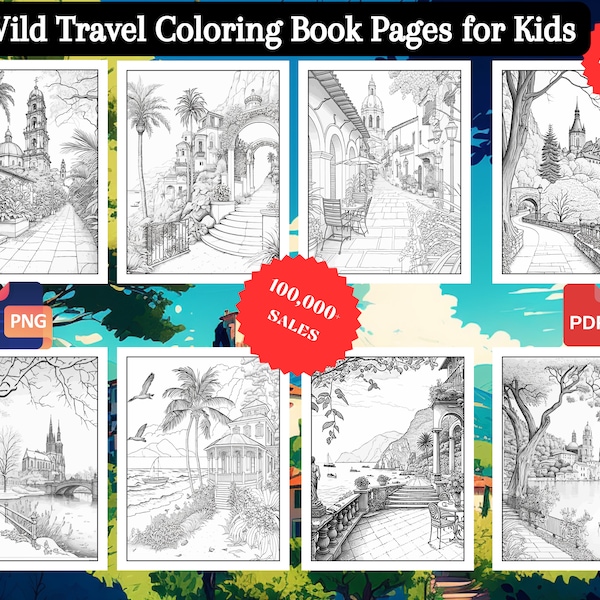 Printable Bundle of 100 Unique Travel-Themed Adult Coloring Pages