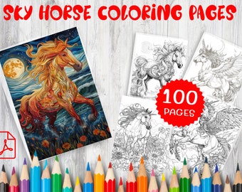 Sky Horse Coloring Pages - 100 Fantasy Illustrations (Instant Download)