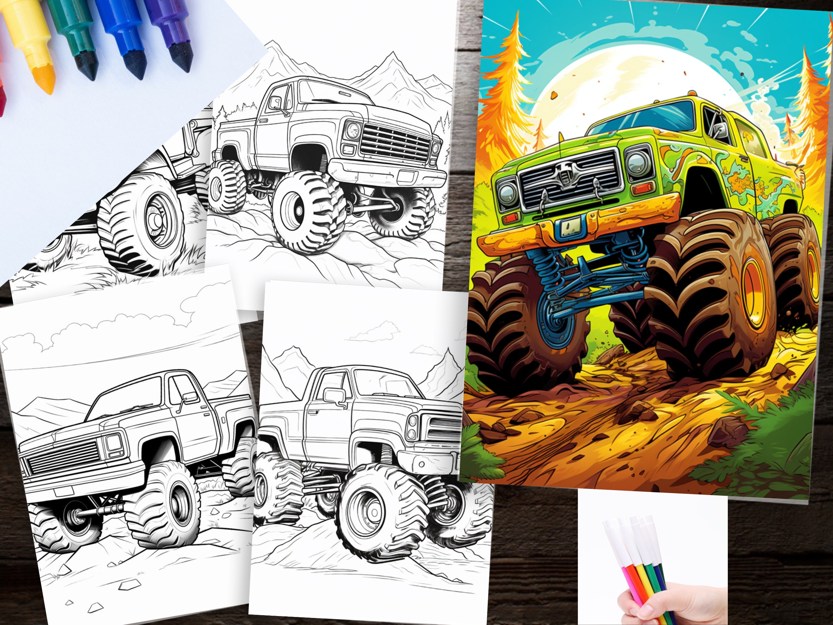 200 Monster Trucks Coloring Sheets, Children Sheets Activities for Kids Digital Download ...