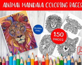 Könnte beinhalten: Ein Set mit 150 Malvorlagen mit kunstvollen Tier-Mandala-Motiven. Die Vorlagen beinhalten einen Löwen, einen Stier, einen Fuchs und andere Tiere. Die Malvorlagen sind perfekt für Erwachsene und Kinder, die detailliertes Ausmalen genießen.