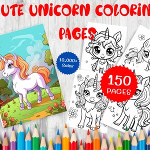 150 süße Einhorn Malseiten für Kinder - Einhorn Printables - Mädchen Geburtstag Malseiten - digitaler Download - Pdf druckbar